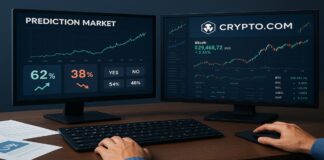Kalshi en Crypto.com richten coalitie op voor prediction markets Computerschermen met voorspellingsmarkt en crypto.com