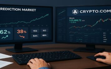 Kalshi en Crypto.com richten coalitie op voor prediction markets Computerschermen met voorspellingsmarkt en crypto.com