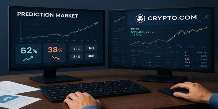 Computerschermen met voorspellingsmarkt en crypto.com
