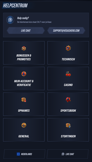 de Nederlandstalige klantenservice van Vegas Hero