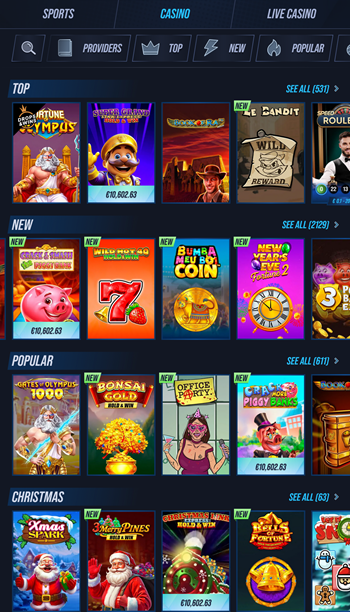 een klein deel van het aanbod aan gokkasten bij Vegas Hero