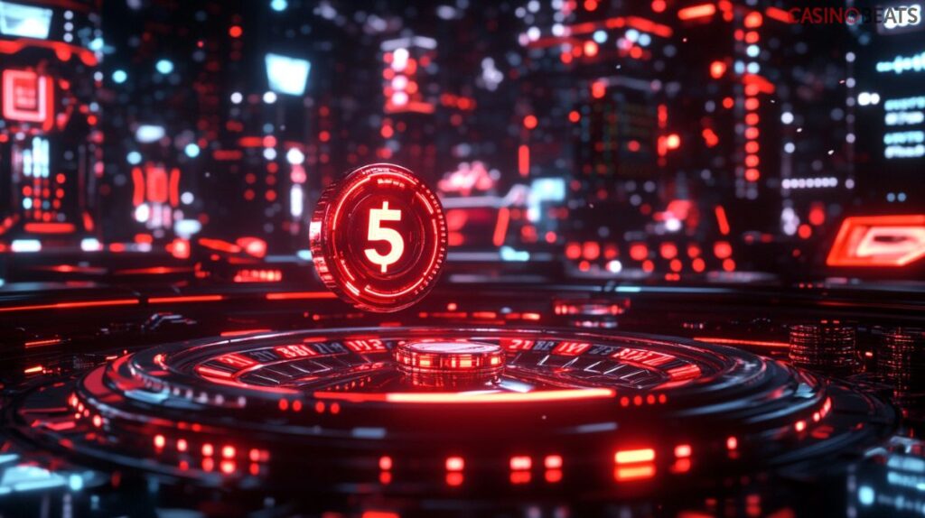 Een digitale munt met het cijfer 5 zwevend boven een rood verlichte roulettetafel in een futuristische casino-omgeving met een neon rood en zwart kleurenschema.