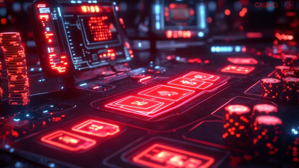 Rood verlichte pokerkaarten en crypto-chips op een futuristische digitale speeltafel in een neon rood-zwarte setting.