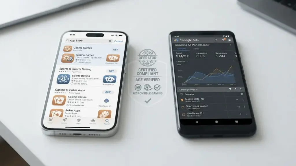 Smartphones waarop de interfaces van de Apple App Store en Google Ads worden weergegeven