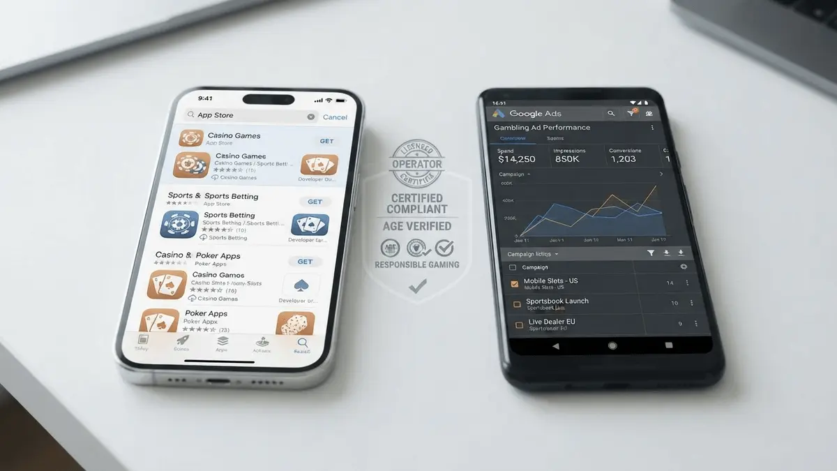 Smartphones waarop de interfaces van de Apple App Store en Google Ads worden weergegeven