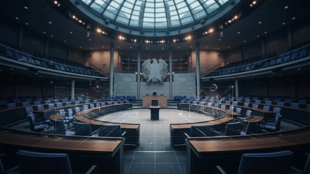 German parliamentary chamber with digital overlay representing gambling regulation framework