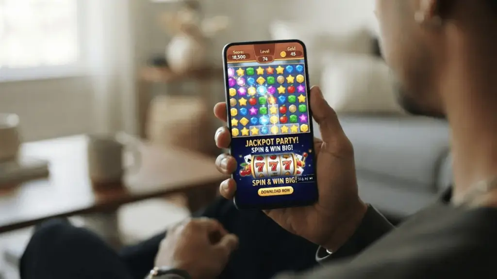 Smartphone displaying mobile game with casino advertisement overlay banner on screen