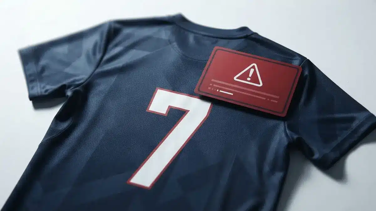 Waarschuwingskaart op een voetbalshirt wegens overtreding van de regelgeving inzake gokreclame