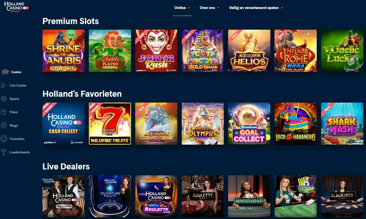 Screenshot of the Holland Casino Online interface showing premium slots, favorites, and live dealer games.