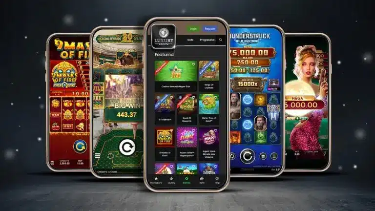 Five smartphones displaying various online casino slot games and a gaming lobby interface