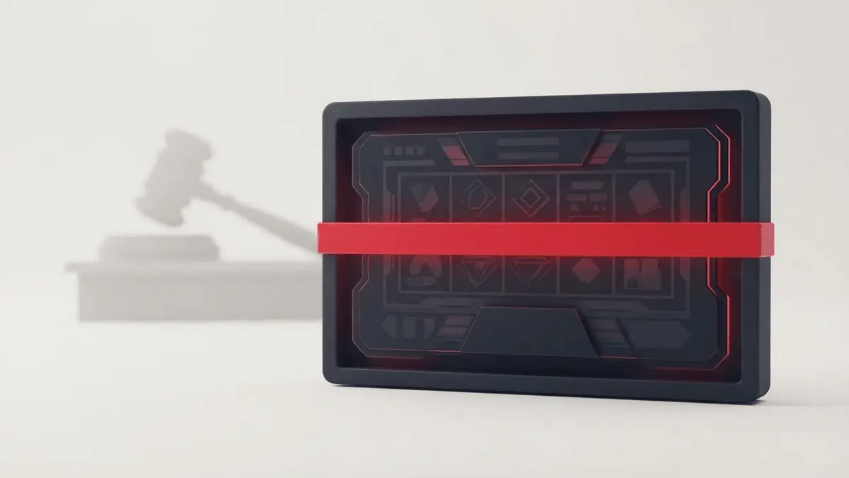Abstract online lottery game blocked by a red regulatory barrier after a court ruling