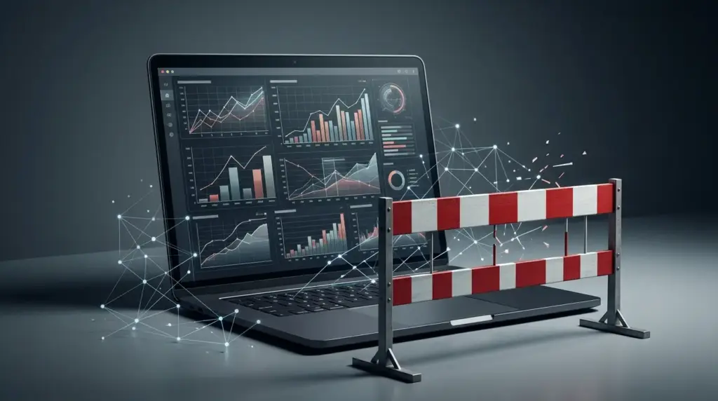 Abstract laptop screen behind a Danish regulatory barrier representing Polymarket’s gambling-site blockade