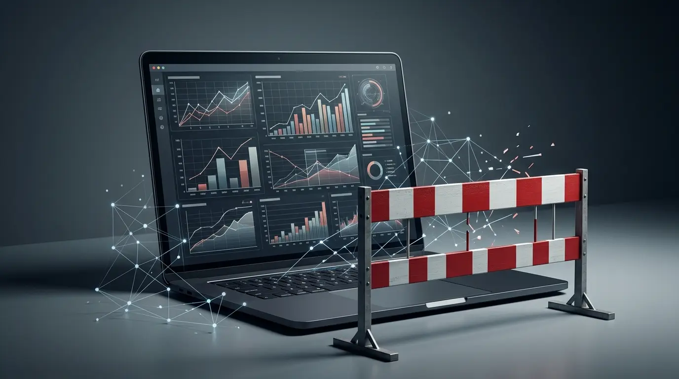 Abstract laptop screen behind a Danish regulatory barrier representing Polymarket’s gambling-site blockade