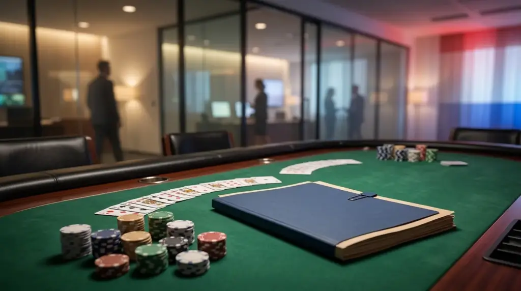 Poker table and official licence folder representing GGPoker's renewed Dutch gambling licence