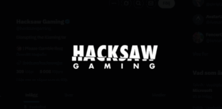 Logotyp för Hacksaw Gaming i vitt på svart bakgrund.