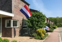 Flera radhus och nederländska flaggor som vajar.