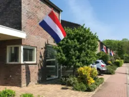 Flera radhus och nederländska flaggor som vajar.