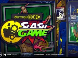 Tecknad spelautomat med en hand, sågklinga och texten "Slash Game" samt varningsskyltar.