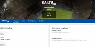 Spelskärm för Daily 5 med resultat, omsättning och kommande omgångar.