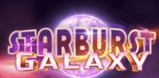 Texten "Starburst Galaxy" i stora, färgglada bokstäver framför en lysande galax i rymden