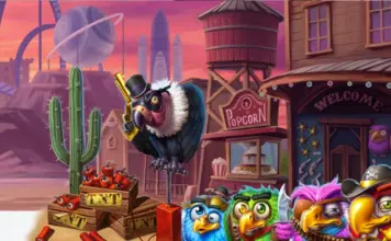 Tecknad gam med hatt och pistol svävar över dynamit, kaktus och färgglada fåglar i en vilda västern-stad