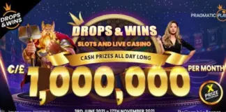 Reklambild för "Drops & Wins" med casinotema, stor text om 1 000 000 euro/pund i månaden och två personer vid spelbord.