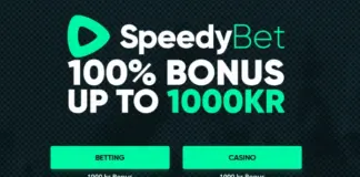 SpeedyBet 100% bonus upp till 1000 kr för betting och casino, två gröna knappar för val.