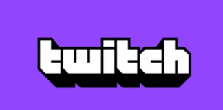 Twitch-logotyp med vit text och svart skugga på lila bakgrund.