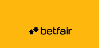 Betfairs logotyp med svart text och två pilar på gul bakgrund.