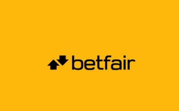 Betfairs logotyp med svart text och två pilar på gul bakgrund.