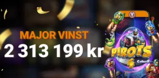 Stort vinstmeddelande: 2 313 199 kr på spelet Pirots 4, färgglad grafik och konfetti.