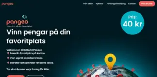 Skärmbild med text om lotteriet Pangeo, världskarta med markörer och knappar för att delta.