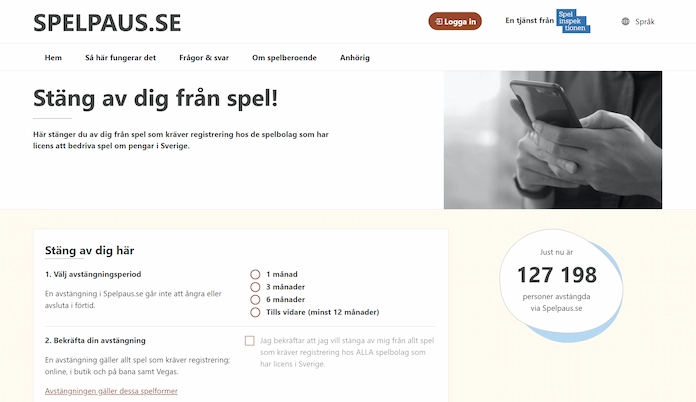 Skärmbild på Spelpaus.se