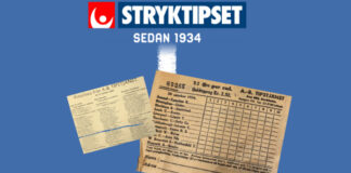 Historisk Stryktipset-kupong och vinstlista mot blå bakgrund med texten "STRYKTIPSET SEDAN 1934".
