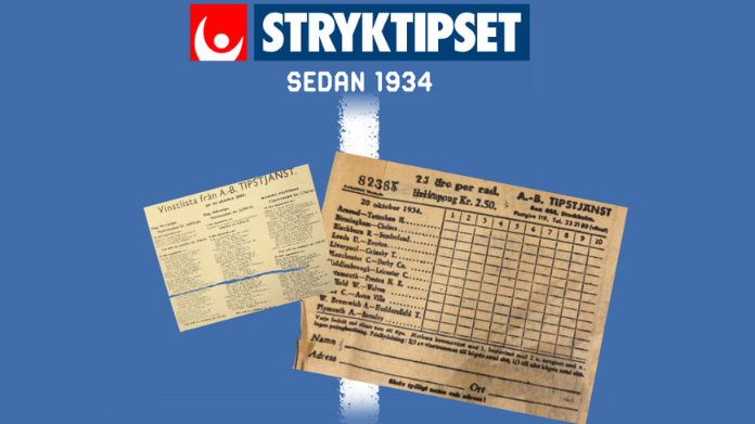 Historisk Stryktipset-kupong och vinstlista mot blå bakgrund med texten "STRYKTIPSET SEDAN 1934".