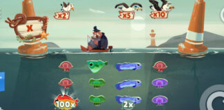 En tecknad fiskespelsscen med fiskar, maneter, multiplicatorer och en fiskare i båt.