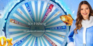 Lyckohjul med vintertema och texten "Ice Fishing" samt en kvinna i blå vinterjacka.