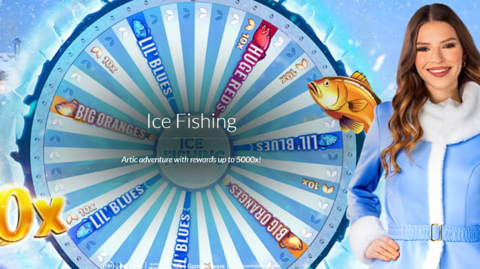 Lyckohjul med vintertema och texten "Ice Fishing" samt en kvinna i blå vinterjacka.
