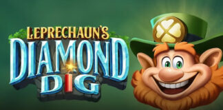 Leprechaun med rött skägg och stor hatt ler bredvid logotypen "Leprechaun's Diamond Dig" mot grön bakgrund.