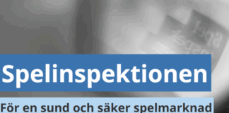 Spelinspektionens logotyp och slogan: "För en sund och säker spelmarknad" på suddig bakgrund.