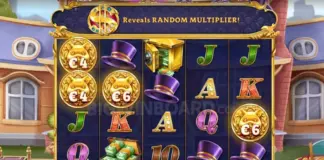 Spelautomat med guldmynt, hattar, sedelbuntar och bokstäver på hjul, tema lyx och rikedom.