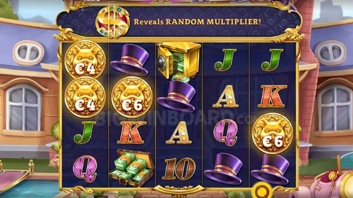 Spelautomat med guldmynt, hattar, sedelbuntar och bokstäver på hjul, tema lyx och rikedom.