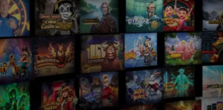 Ett kollage av färgglada spelomslag med tecknade figurer, djur och fantasifulla miljöer.