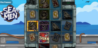 Slotmaskin med marint tema, havsutsikt och symboler som fartyg, sjöman, haj och bonusruta.