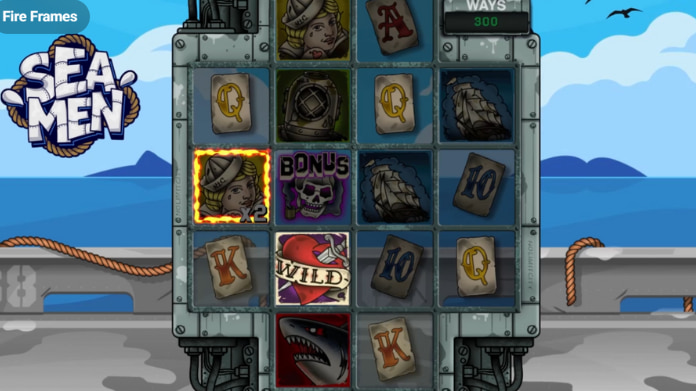 Slotmaskin med marint tema, havsutsikt och symboler som fartyg, sjöman, haj och bonusruta.