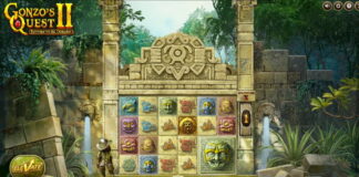 Gonzos Quest II slotmaskin med äventyrstema, djungel och forntida ruiner syns runt spelplanen.