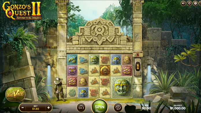 gonzos-quest-2 Gonzos Quest II slotmaskin med äventyrstema, djungel och forntida ruiner syns runt spelplanen.