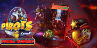 Färgglada tecknade fåglar och mobilt spel för sloten Pirots 4 Final World i rymdmiljö.