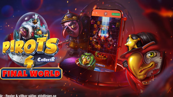 pirots-4-inferno Färgglada tecknade fåglar och mobilt spel för sloten Pirots 4 Final World i rymdmiljö.