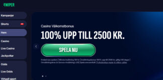 Skärmbild av casinosajt med välkomstbonus: "100% upp till 2500 kr". Stor grön knapp: "Spela nu".